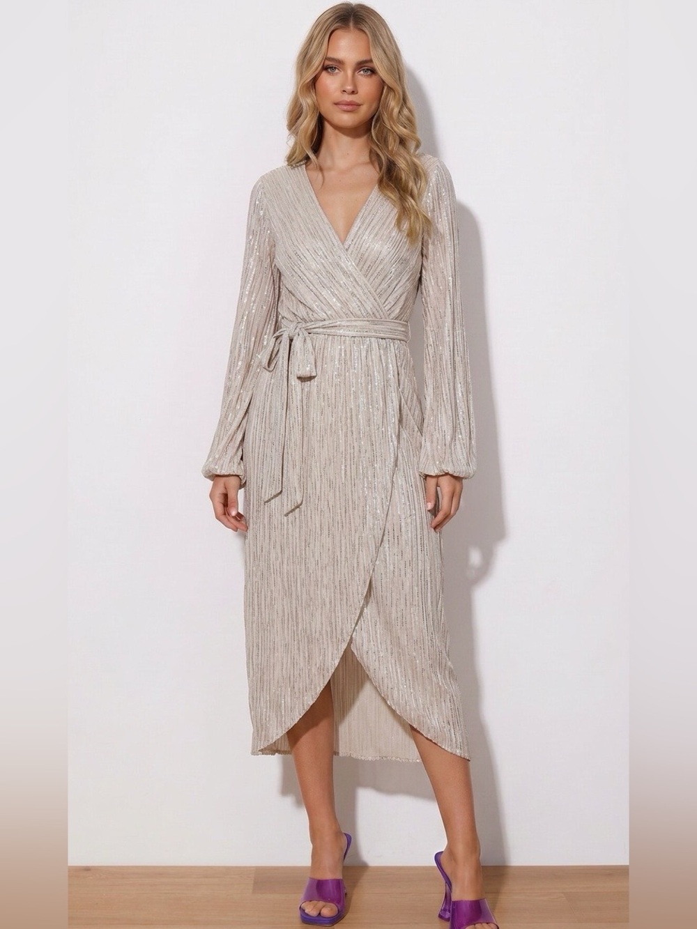 💕🌷Guess Metallic Champagne Wrap Midi Dress